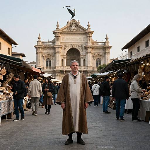 Photograph of a bald man in a brown robe and white tunic standing in a bustling outdoor market with a historic baroque building and people in the