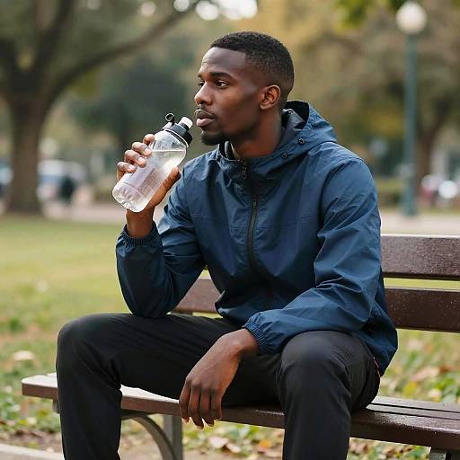Man on Park Bench with Bottle