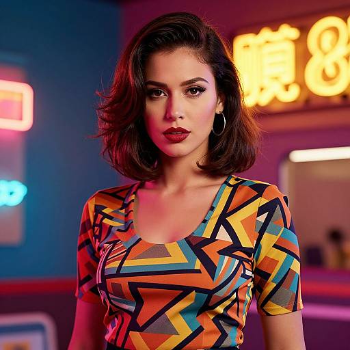 Photograph of a brunette woman with shoulder-length hair, wearing a colorful geometric-patterned dress, standing in a neon-lit bar.