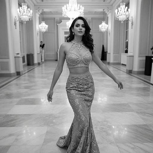 Photograph of a confident woman with long, wavy dark hair, wearing a sparkling, sleeveless, high-neck, crop top and form-fitting