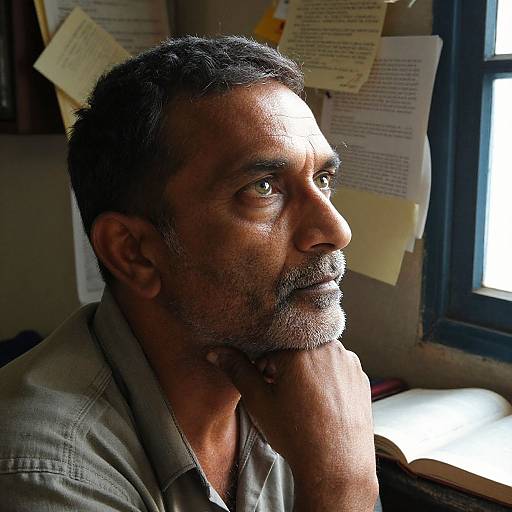 Photograph of a middle-aged Indian man with short black hair and gray beard, gazing thoughtfully at sunlight through a window, wearing a gray shirt