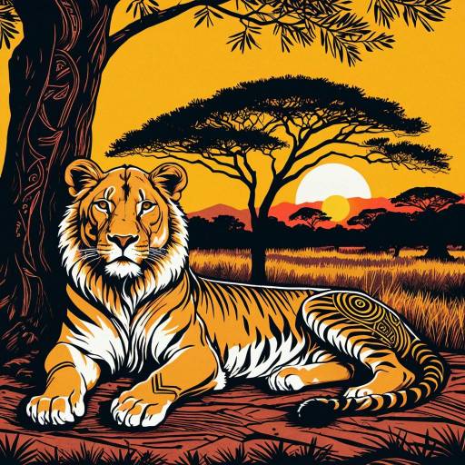 Block Print of Majestic Lioness with Tribal Patterns at Sunset Block Print of Majestic Lioness with Tribal Patterns at Sunset
