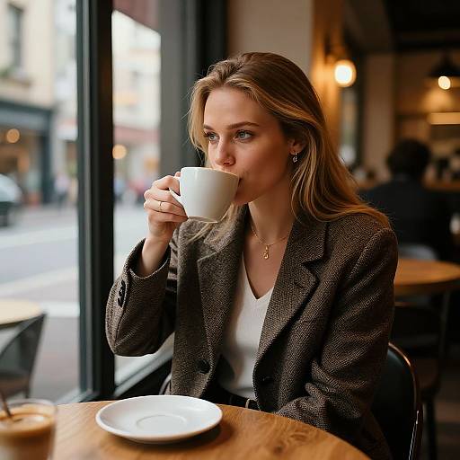 Photograph of a blonde woman in a brown blazer, white top, and gold necklace, sipping from a white cup in a cozy, sun