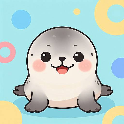 Adorable cartoon seal with gray head, white belly, black eyes, and blushing cheeks, smiling with open mouth, set against a blue background with