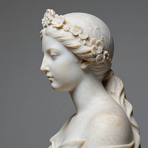 Photograph of a detailed white marble sculpture of a serene, side-profile woman with flowers in her hair, against a gray background.