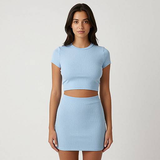 Photograph of a young woman with medium-length dark hair, wearing a light blue ribbed crop top and matching mini skirt, standing against a plain white