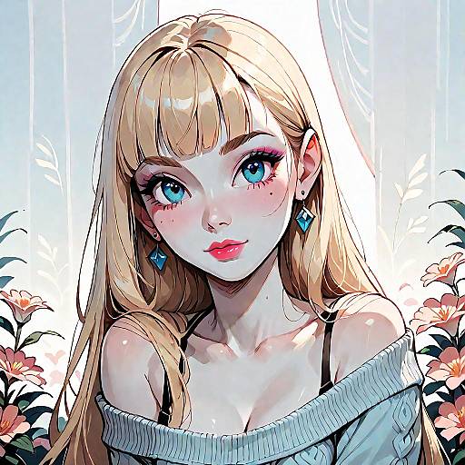 Innocent Blonde Girl in Blooming Flowers