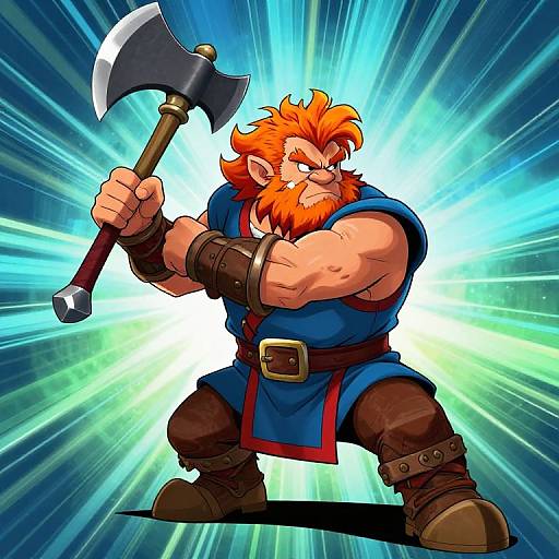 Cartoon-style drawing of a muscular, orange-bearded warrior with blue tunic, holding a large axe, standing against a radiant, blue-green light