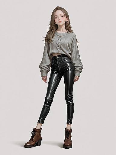 Photograph of a young woman with long brown hair, wearing a grey sweater, black shiny leather pants, and brown ankle boots, standing against a white