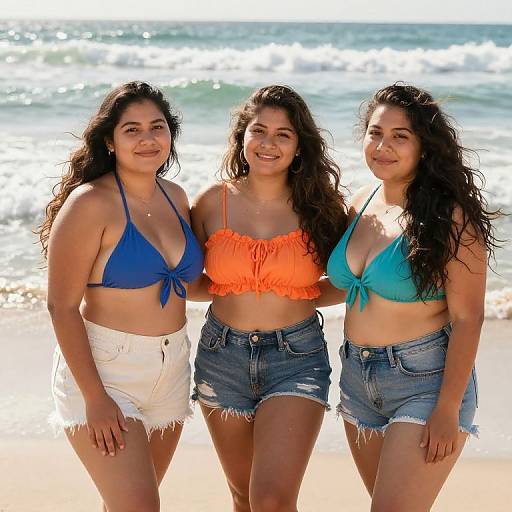 Photograph of three smiling Latina women with long dark hair, wearing colorful bikinis and denim shorts, standing on a sunny beach with waves in the background