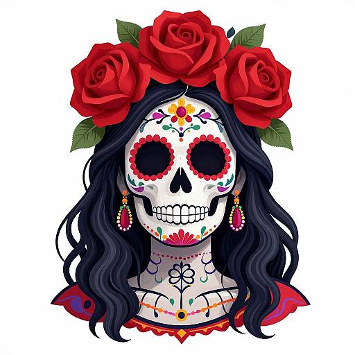 Digital art of a Day of the Dead skull with black hair, red roses, colorful facial patterns, red earrings, and a red floral blouse.