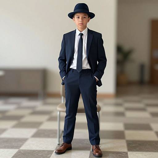 Photograph of a young man in a black suit, white shirt, black tie, and bowler hat, standing with hands in pockets, in a