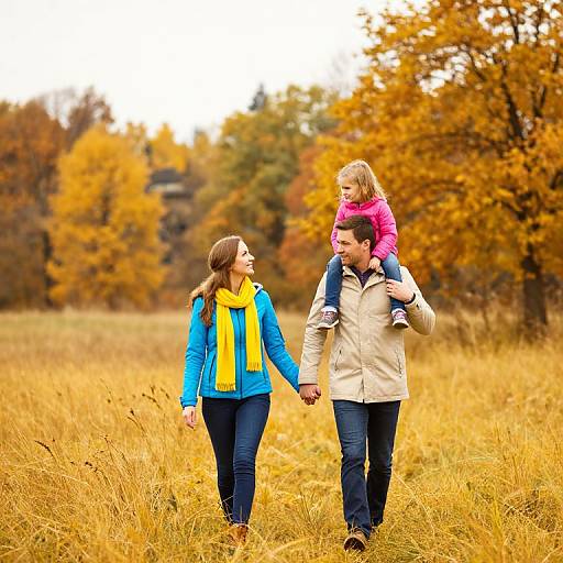Photograph of a happy family in autumn: mother in blue jacket, yellow scarf, holding hands with father in beige jacket carrying blonde daughter in pink,
