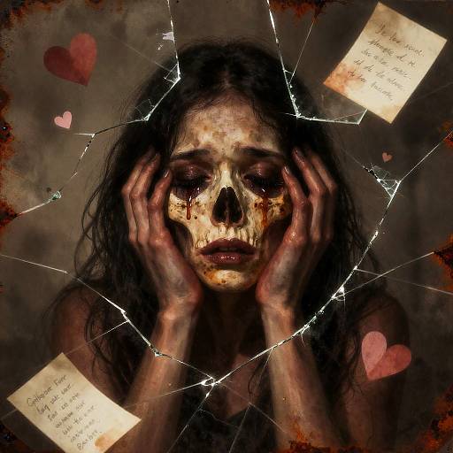 Heartbreak Woman with Skull Face Behind Shattered Glass