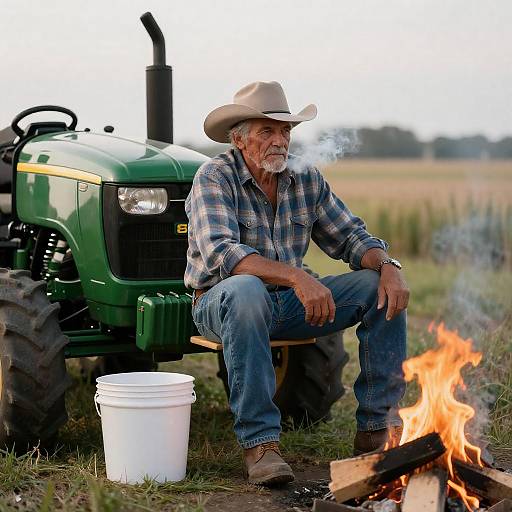 Old Farmer Sitting by Fire with Tractor