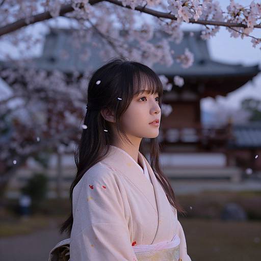 Photograph of a young Japanese woman with long black hair, wearing a white kimono, standing under blooming cherry blossoms, with a traditional wooden