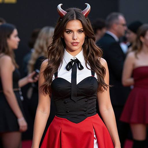 Photograph of a woman with long brown hair, wearing black and white top, red skirt, and red devil horns, standing at a glamorous event with