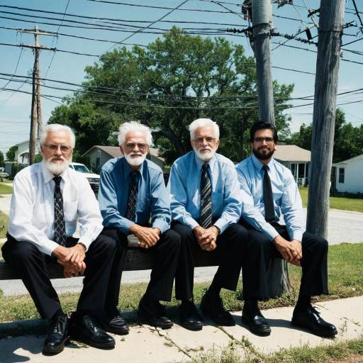 Group of four men in business attire sitting on bench outdoors