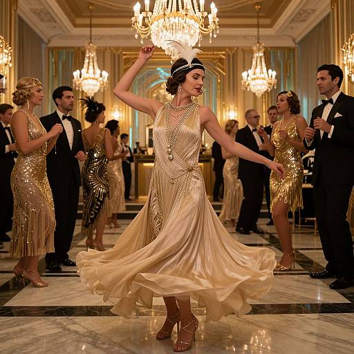Photograph of elegant 1930s ballroom dance, featuring a woman in a flowing, beaded, gold dress, black headband, and