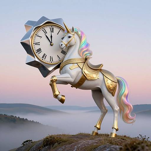 Digital illustration of a white unicorn with a rainbow mane, wearing gold armor, holding a large clock with Roman numerals, standing on a misty hill