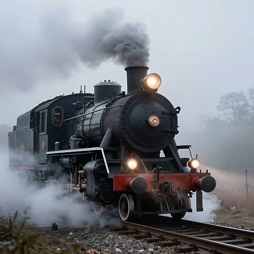 Photograph of a black steam locomotive with glowing front lights, emitting white steam, traveling on railway tracks through a misty, foggy landscape at