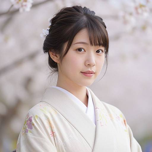 Photograph of a young Asian woman with fair skin, black hair in a bun, wearing a white floral kimono, standing against a soft-focus cherry