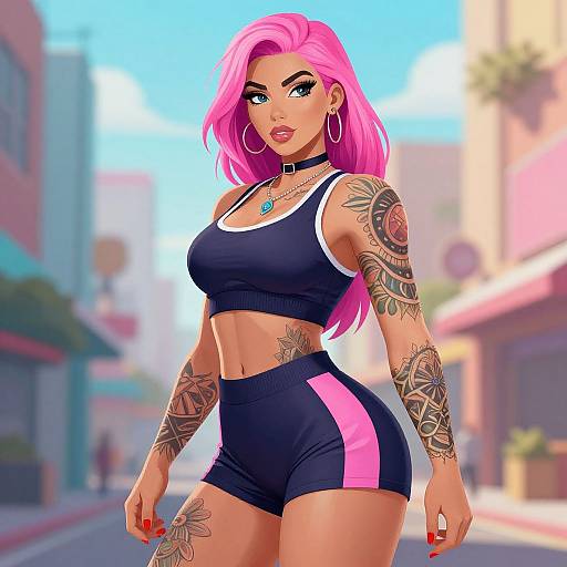 Digital art of a tattooed, pink-haired woman with hoop earrings, wearing a black sports bra and shorts with pink stripes, standing confidently on a sunny
