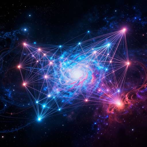 Digital art of a vibrant, glowing galaxy with blue, pink, and white stars connected by neon lines against a dark, starry backdrop.