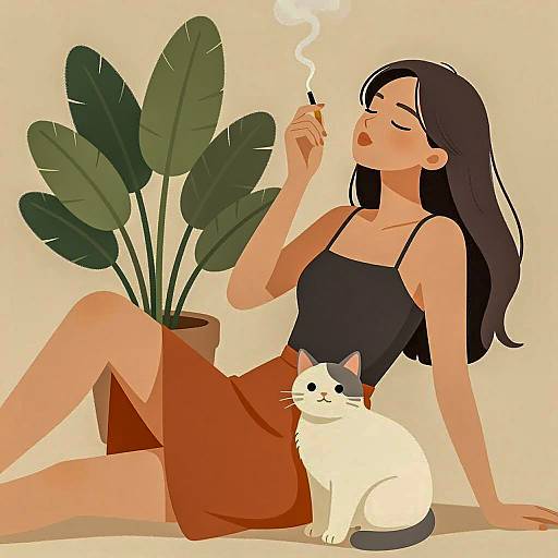 Relaxed East Asian Woman Smoking with Cat