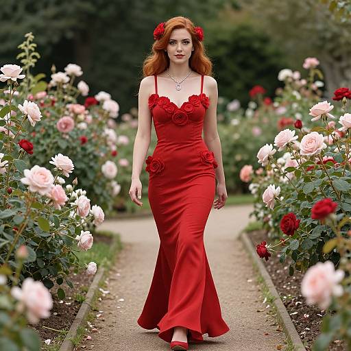 Photograph of a red-haired woman in a red rose-embellished dress, walking down a rose garden path with pink and red roses on both