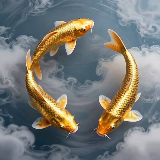 Three golden koi fish swimming in a circular pattern, surrounded by swirling white clouds against a deep blue water background.