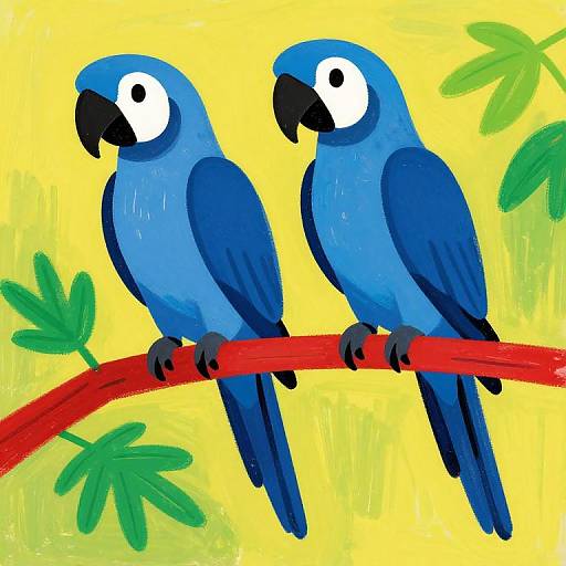 Digital illustration of two vibrant blue parrots with black beaks and white eyes, perched on a red branch against a yellow background with green leaves.