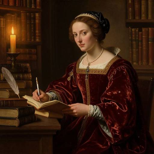 Photorealistic painting of a pale-skinned, brown-haired woman in a rich maroon velvet gown, writing with a quill, candlelit library