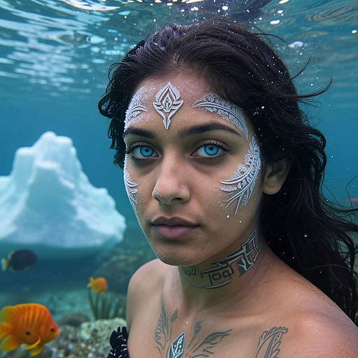 Photograph of a young woman with dark hair, blue eyes, and intricate white tribal face paint, underwater, surrounded by colorful fish and coral.