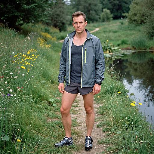 Photograph of a muscular Caucasian man with short brown hair, wearing a gray jacket, black tank top, and shorts, standing on a grassy path