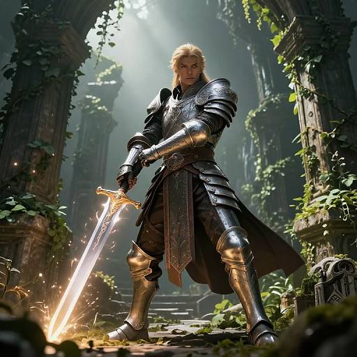 Photorealistic digital art of a blond, armored knight with a glowing sword, standing confidently in a sunlit, overgrown, ancient ruin.