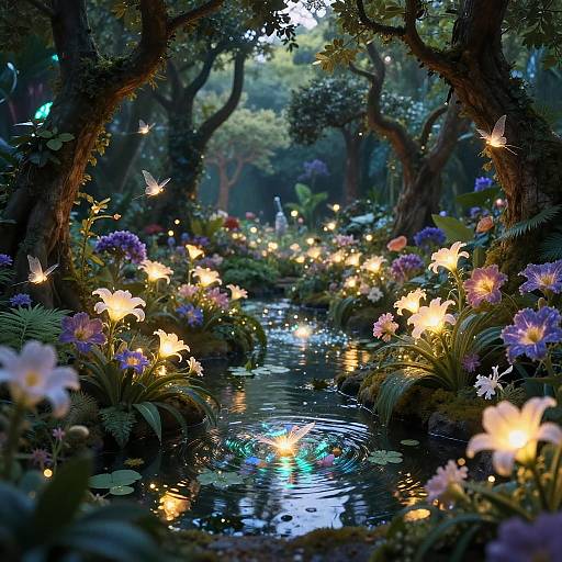 Magical forest scene: glowing fireflies and flowers illuminate a serene, reflective pond surrounded by lush greenery and twisted trees. Photorealistic digital art