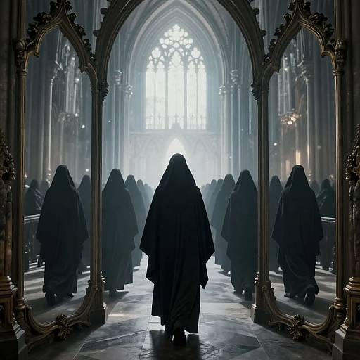 Photograph of a Gothic cathedral interior with hooded figures reflected in ornate mirrors, facing a bright, illuminated stained glass window.