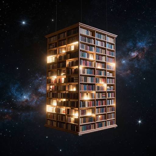 Photograph of a floating, illuminated bookshelf cube against a starry, galaxy-filled night sky, with warm yellow lights highlighting its shelves filled with books