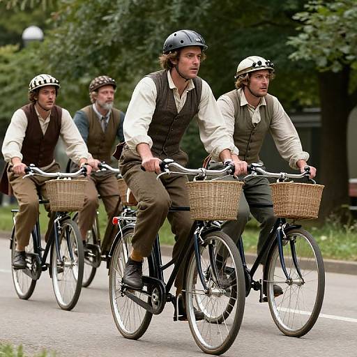 Photograph of four men in 19th-century attire riding bicycles with wicker baskets, wearing helmets, on a paved road with green trees in the