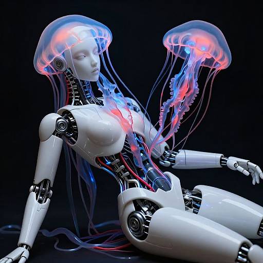 Digital artwork of a white robotic woman with jellyfish-like, glowing blue and pink tentacles, seated against a black background.