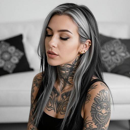 Tattooed Woman with Silver Streaked Hair