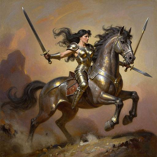 Digital painting of a fierce, armored woman with long black hair riding a galloping horse, holding two swords, against a dramatic, brown-orange sky
