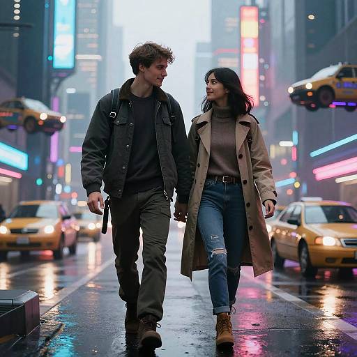 Couple Walking in Futuristic Cyberpunk City