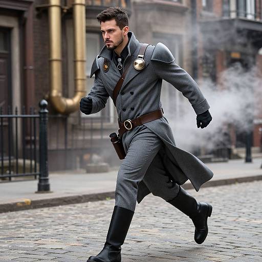 Photograph of a muscular, dark-haired man in a gray, Victorian-style coat with black gloves and boots, running on a cobblestone street with
