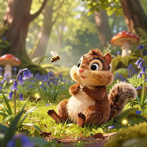 Whimsical CGI image of a cute, fluffy chipmunk sitting in a sunlit forest, admiring a hovering bee among bluebell flowers and