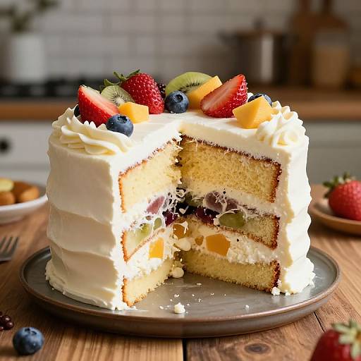 Photograph of a layered, white-frosted cake with kiwi, strawberry, blueberry, and orange slices on top, partially sliced, on
