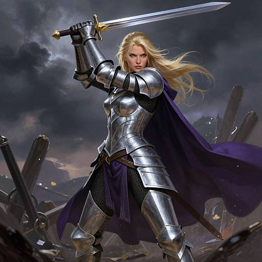 Digital artwork of a fierce blonde warrior woman in shining silver armor and a purple cape, holding a sword above her head, standing amidst a ruined battlefield under