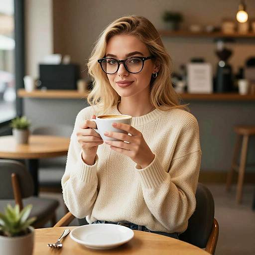 Blonde woman with glasses, beige sweater, holding coffee cup in cozy, sunlit café with wooden tables and shelves. Photograph.