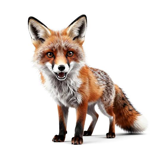 Photorealistic digital illustration of a red fox with bright orange fur, black-tipped ears, white muzzle, and expressive, open-mouthed smile,